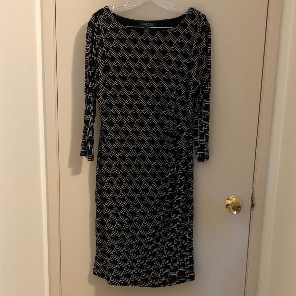 Ralph Lauren Black Dress with White Geometric Print - Stretchy Long Sleeve